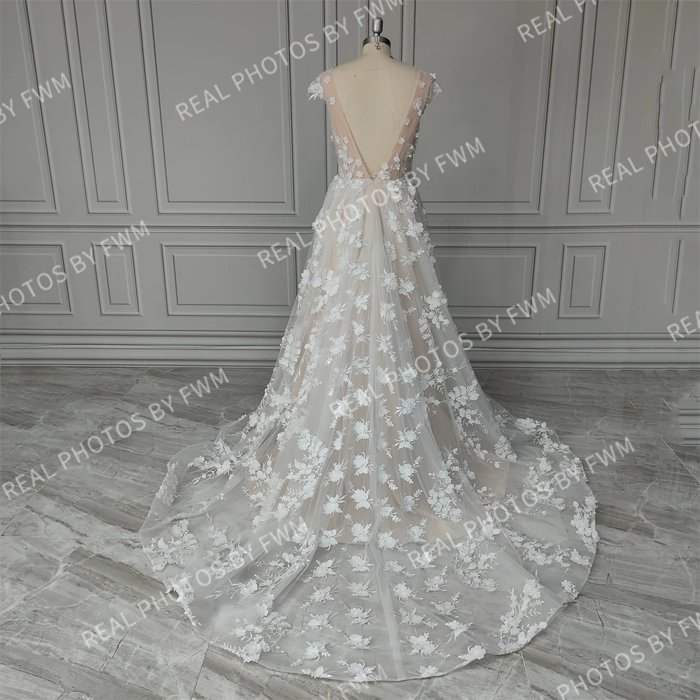 8100 # Personalizado 3d flores frisado rendas boné mangas a linha sem costas vestido de casamento vestido de noiva para mulher