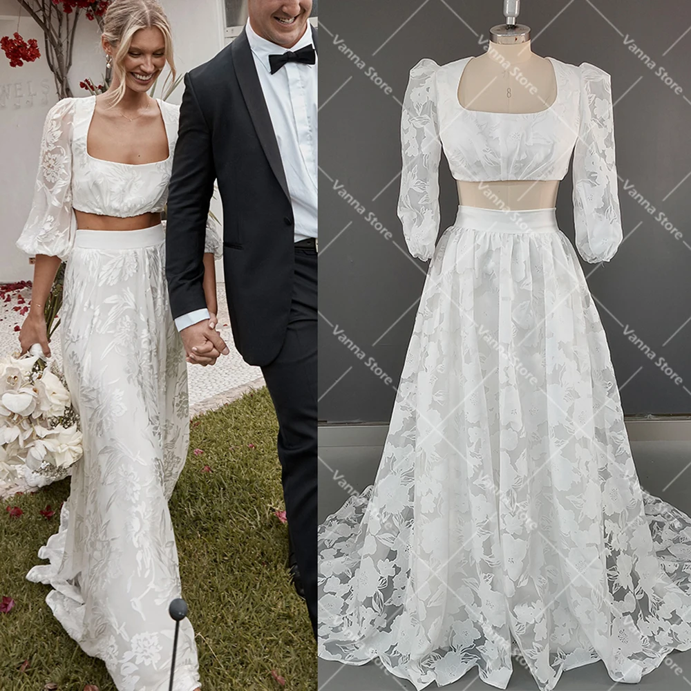 Allover Lace Two Pieces Bombshell Wedding Dress Square Neck Crop Top Customized Beach Bohemian 3/4 Puffy Sleeve Bridal Gowns