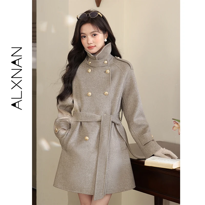 ALXNAN Vintage Wool Blend Short Coat Women Stand Collar Epaulet Double Elegant Belted Waist Fall Winter Female Outer Coat L58766