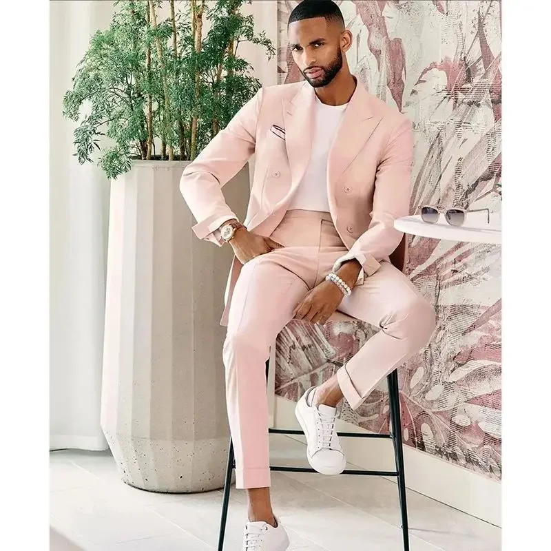 Handsome Pink Men\'s Suit for Wedding Double Breasted 2 Piece jacket Pants Male Clothing Smart Causal Office Slim Fit Blazer Set