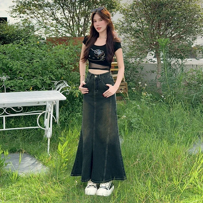 

Mermaid Denim Skirts Summer Woman Sexy Bandage Floor-Length Skirt Women Vintage Fashion High Waist Skirts Ladies y2k clothes