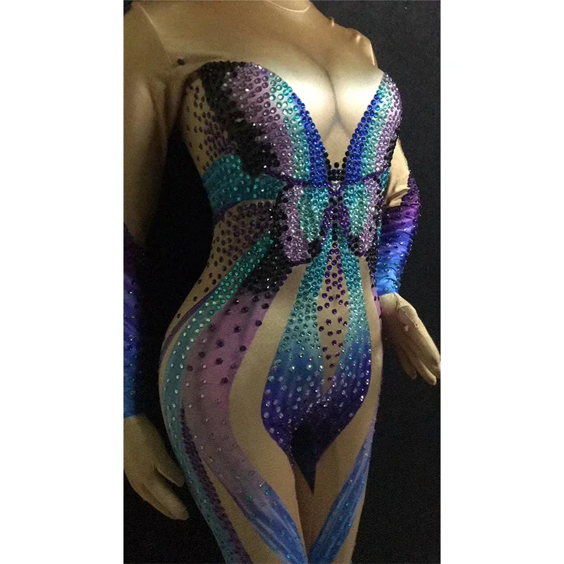Tuta con strass a farfalla blu Tuta sexy con cristalli elasticizzati Tuta da donna Cantante Ballerino Stage Performance Wear Rave Outfit DT364