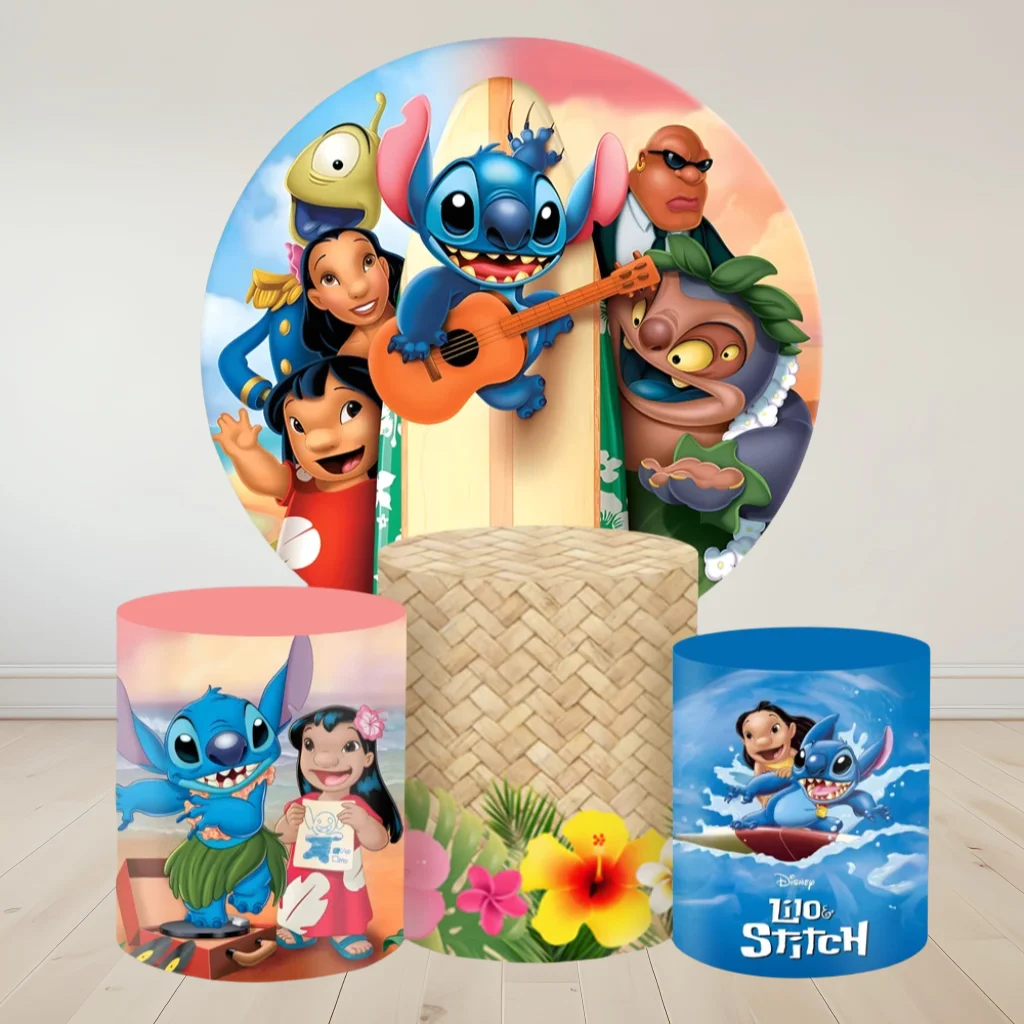 Lilo & Stitch Round Backdrop 3 Cylinder Cover Elastic Background For Photography Baby Shower Birthday Party Poster Dessert Table