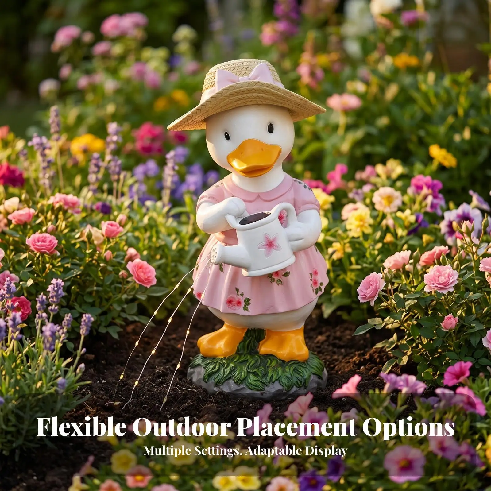 Outdoor Duck Ornament with Watering Can Solar-Powered Light-illuminated design, Hand-Painted Details, Duck Garden Statue, for