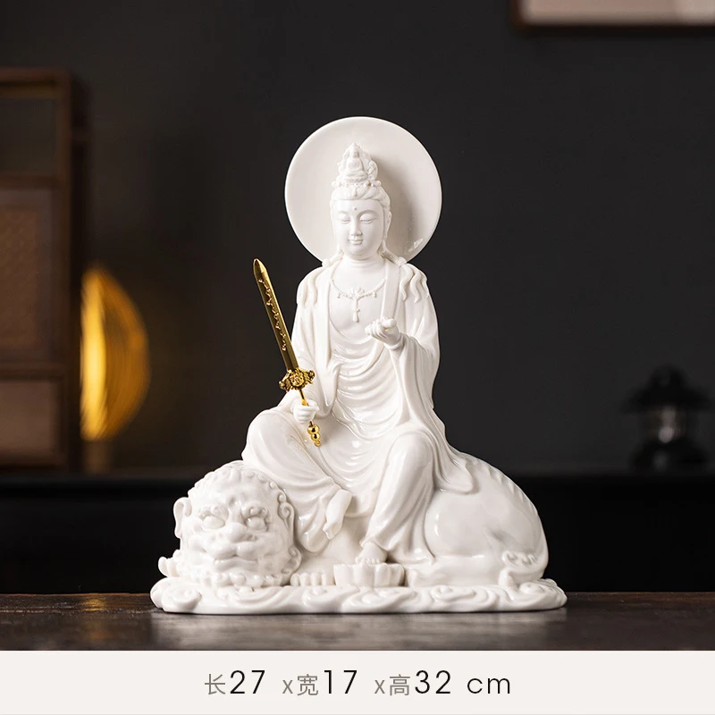 Dehua Ceramic Manjushri Bodhisattva And Samantabhadra Buddha Statue For Home Worship, White Porcelain HuaYan Three Saints Buddhi