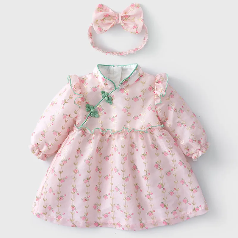 2Piece Spring Autumn Girls Dresses Chinese Style Cute Flowers Long Sleeve Pink Cheongsam Baby Princess Dress Kids Clothing B041