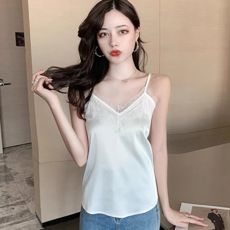 2024 Summer Tank Tops Lace Silk Blouse Women Tops Korean Fashion New Ladies Tops White Camis Basic Blouses for Women Corset Top