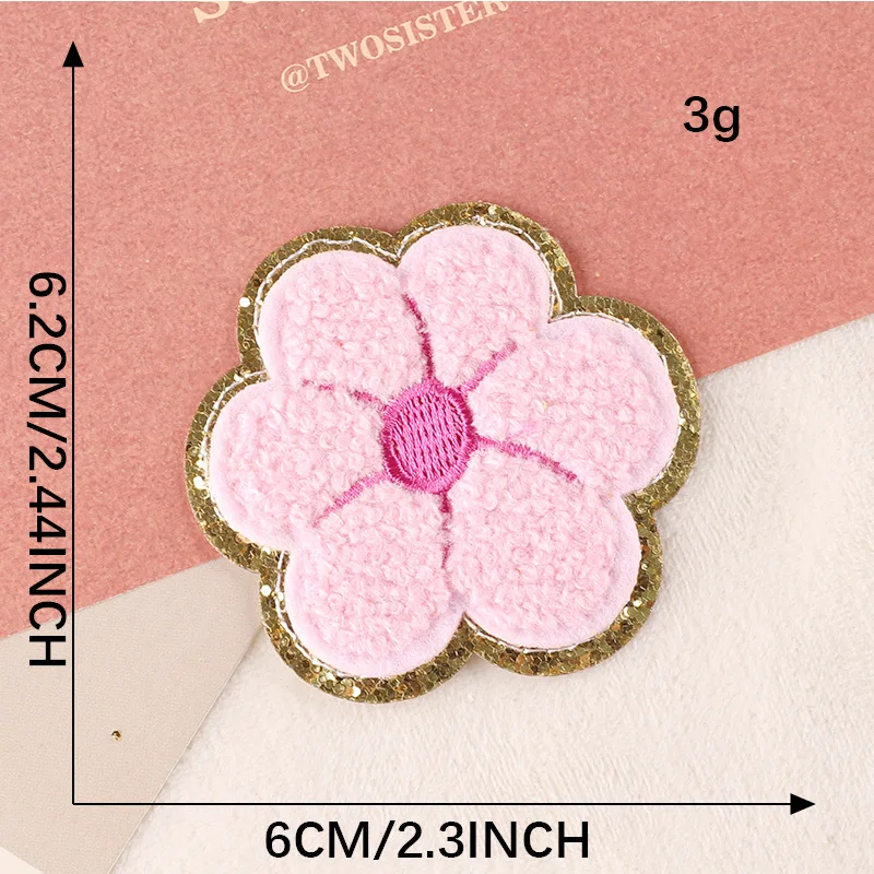 Pink Chenille Patches with Golden Edged Flower,Butterfly,HOWDY Letter Badges Iron On Embroidered Patch Sew on Clothes Stickers