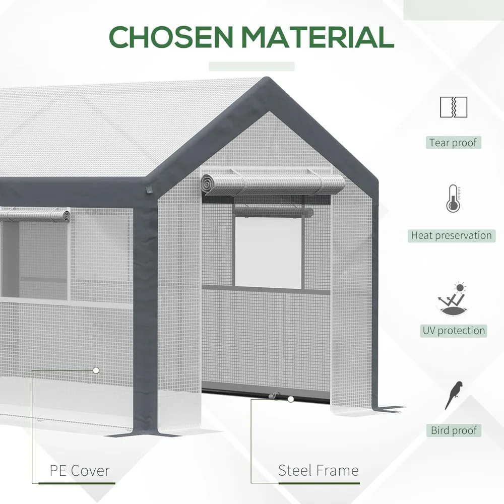 12' X 7' X 7' Walk-in Greenhouse, Outdoor Garden Warm Hot House with 4 Roll-up Windows, 2 Zippered Doors and Weather Cover