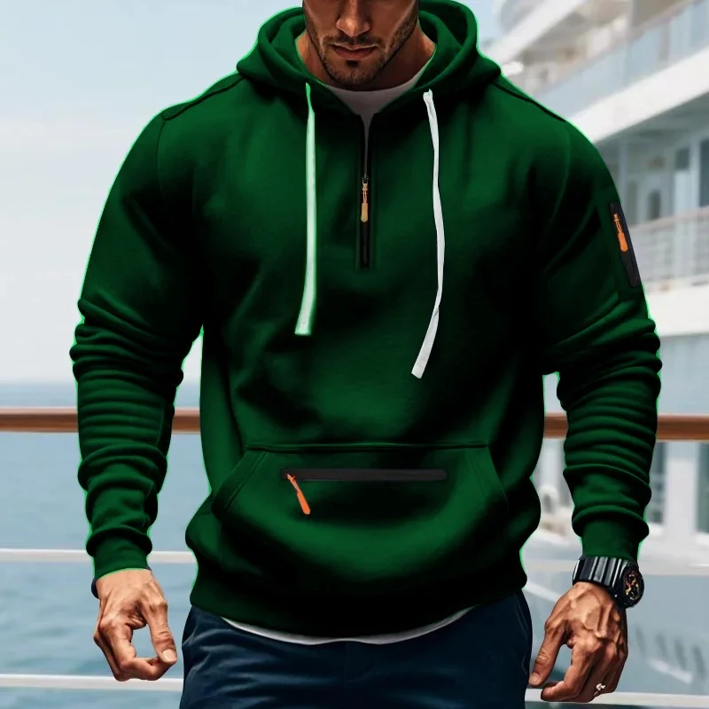 Fashion men\'s brand spring Autumn solid color sports hoodie retro Harajuku multi-pocket zipper casual loose long-sleeved pullove
