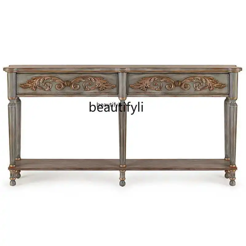 

American-Style Solid Wood Carved Vintage Distressed Console Tables Hallway Hallway Decorative Hallway Counter