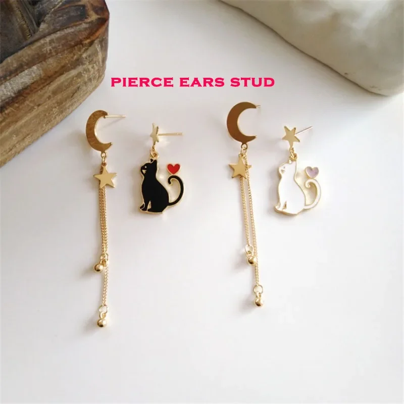 Asymmetric Enamel Funny Animal Long Stars Moon Drop Earrings for Students Women Black Cute Cat Earrings Jewelry Accessories