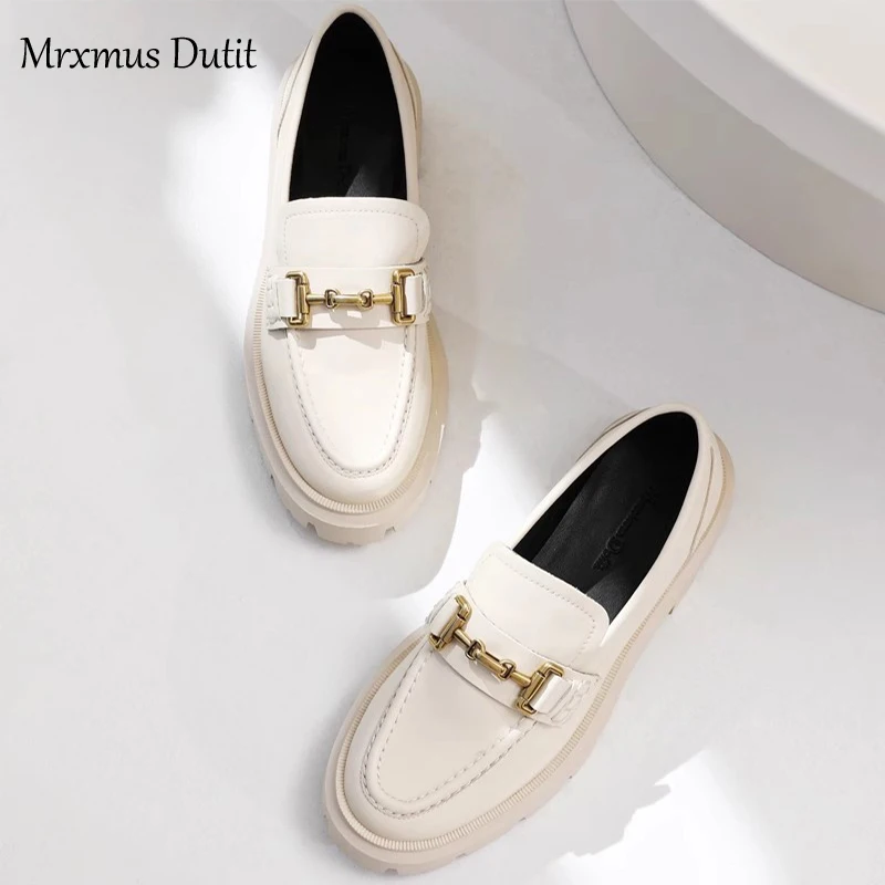 Mrxmus Dutit 2024 New Women Genuine Leather Round Head Thick Loafer Shallow Black Wild Casual Simple Slip-on Shoes Female Chic