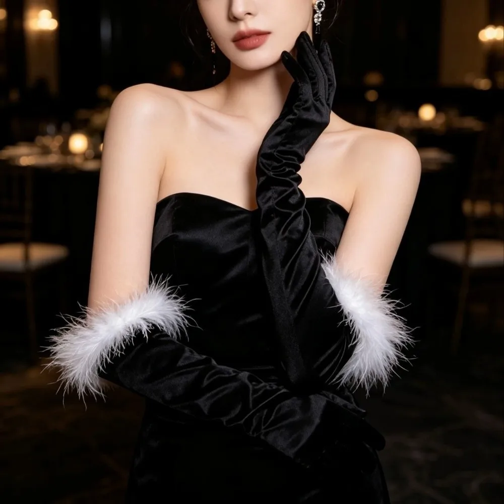 Classic Satin Material Satin Long Gloves Feather Trim Elbow Length Elbow Length Gloves Long Style Feather Trim Gloves Cosplay