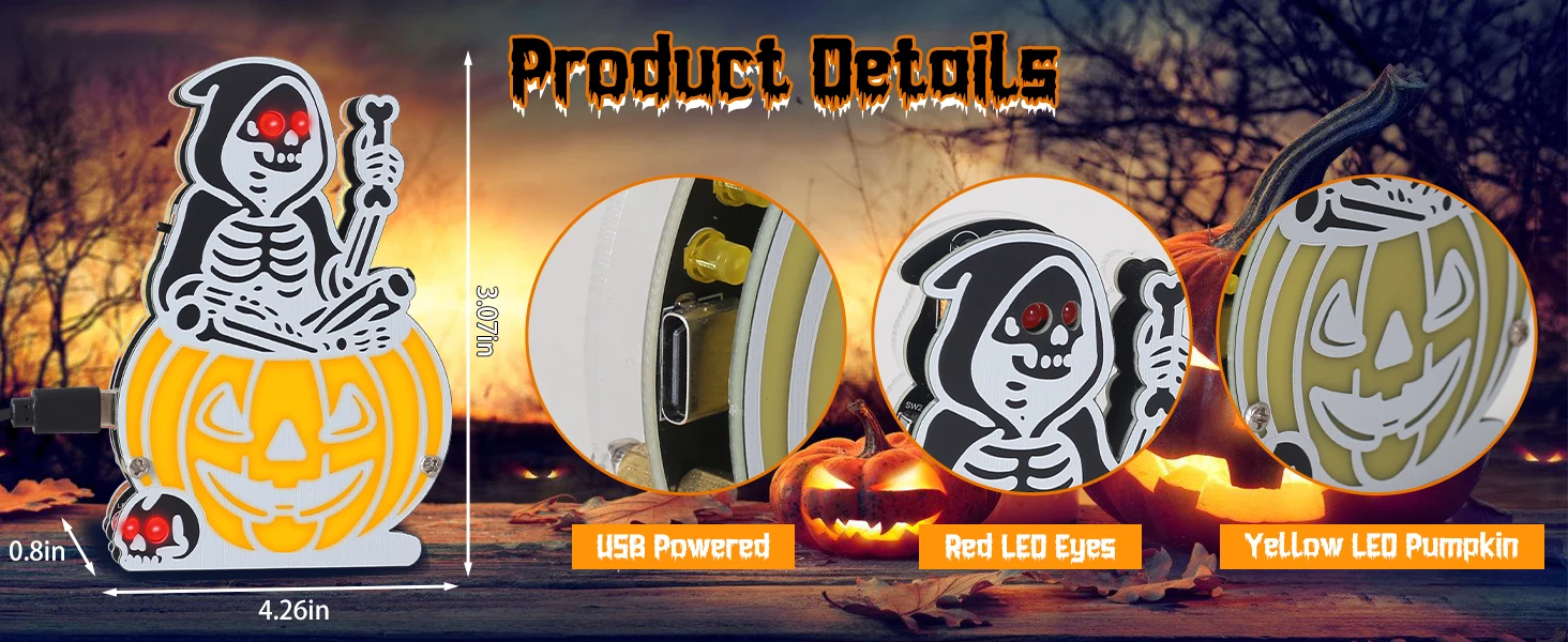 Halloween Hexen-Skelett-Kürbis-Lötprojekt mit 5 Lichtmodi & Gruselmusik STEM Elektronik-Set Gruselige Dekoration & Geschenke – Detail 4