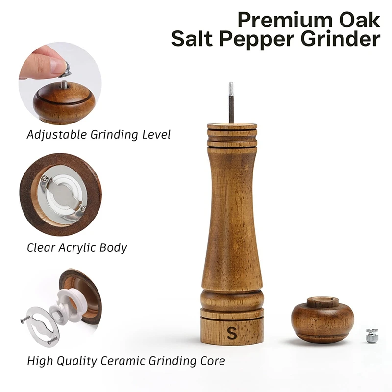 Wooden Salt and Pepper Grinder Set,Pepper Mill with S and P Engraving, Adjustable Ceramic Grinder - 10 Inches, 2 Pack-ABLM