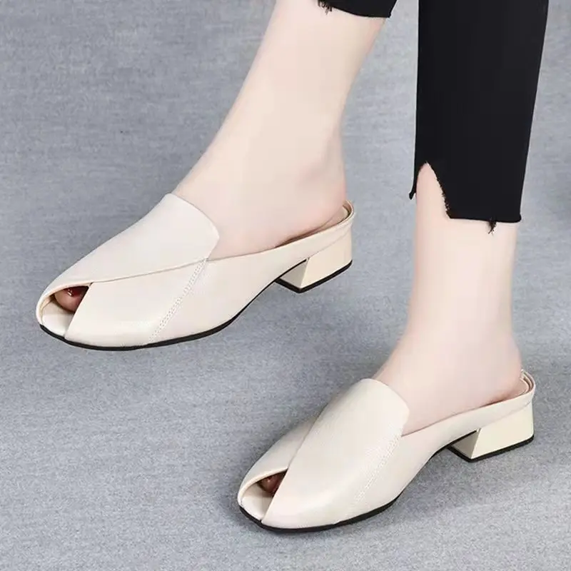 2022 Summer New 4cm Thick Heel Half Slippers Women Wear Fashion Flip Flop Leather Slippers Mueller Party Slippers