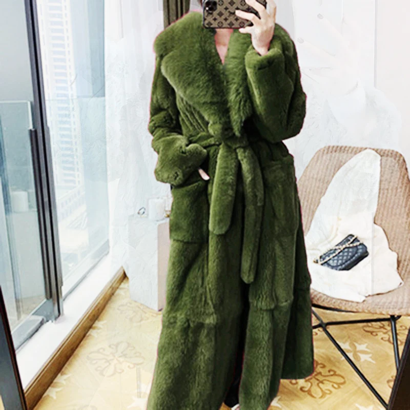 2023 Plus Size Thick Warm Faux Fox Fur Winter Coats Women Fashion Belt X Long V Neck Women Winter Fur Coat