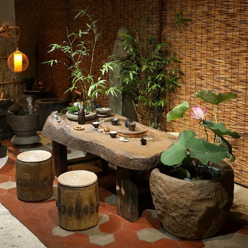 Flowing water tea table and chair combination outdoor zen kung fu tea table coffee table ecological micro landscape fish M &