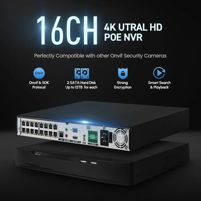 4K Ultra HD 16CH POE NVR with H.265 8MP up to 12TB HDD Smart Search & Motion Detection VGA/ Output for IPhone/iPad/Android