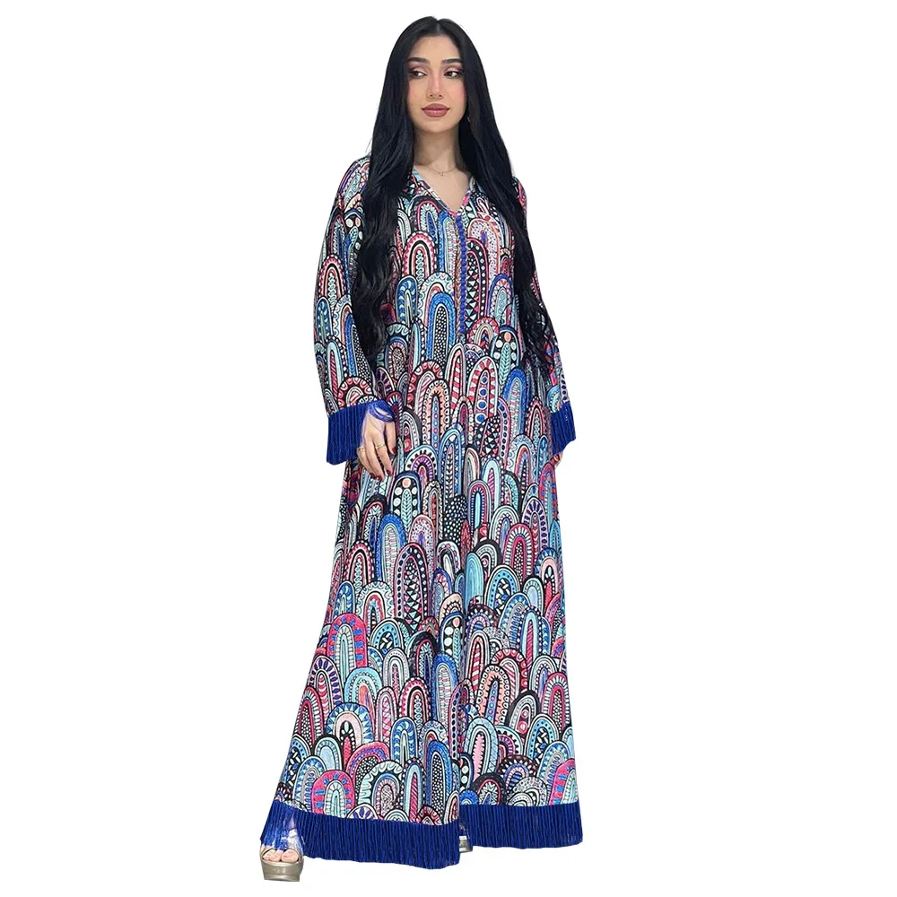 Eid musulmán estampado borlas vestido mujeres Abaya Jalabiya Vestidos largos Abayas Ramadán mujer Turquía caftán marroquí Vestidos elegantes