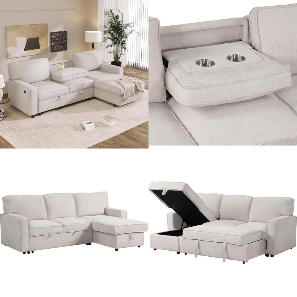 

"modular l-shaped corner sofa with pull-out bed, storage chaise, and usb ports"