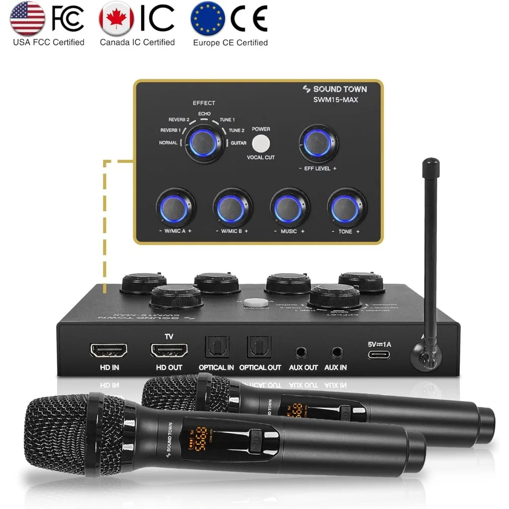 16 Channels Wireless Microphone Karaoke Mixer System w/ 2 Wireless Mics, HD ARC, Optical AUX, Supports Smart TV