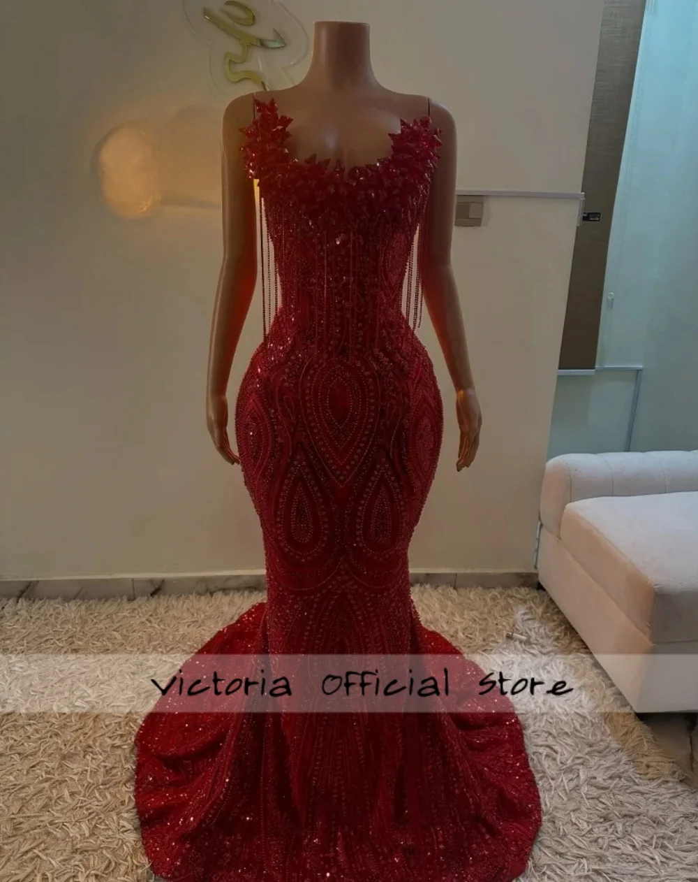 Red Beading Sequin Crystal Diamond Prom Dress 2026 For Black Girl Birthday Party Dress Tassel Mermiad Formal Dress Customized