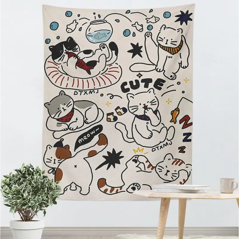 VIKAMA Cartoon Travel Tapestry Hand Painted Graffiti Wall Hanging Bedroom Living Room Aesthetic Decor Polyester Backdrop