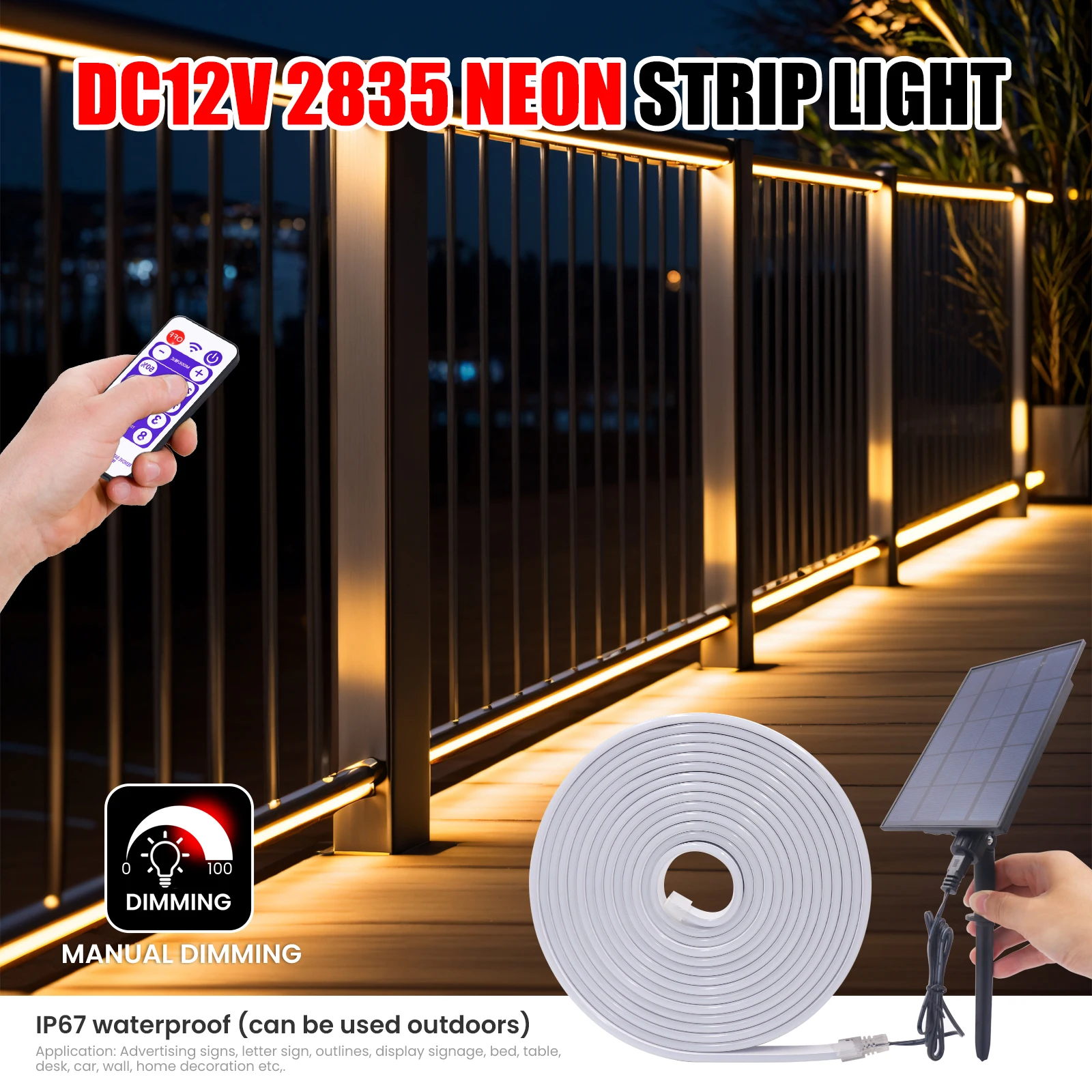 Solar Neon Light 12V 2835 120Leds/m IP67 Waterproof Neon LED Strip Solar Lamp Dimmable Remote Control Outdoor Garden Decoration