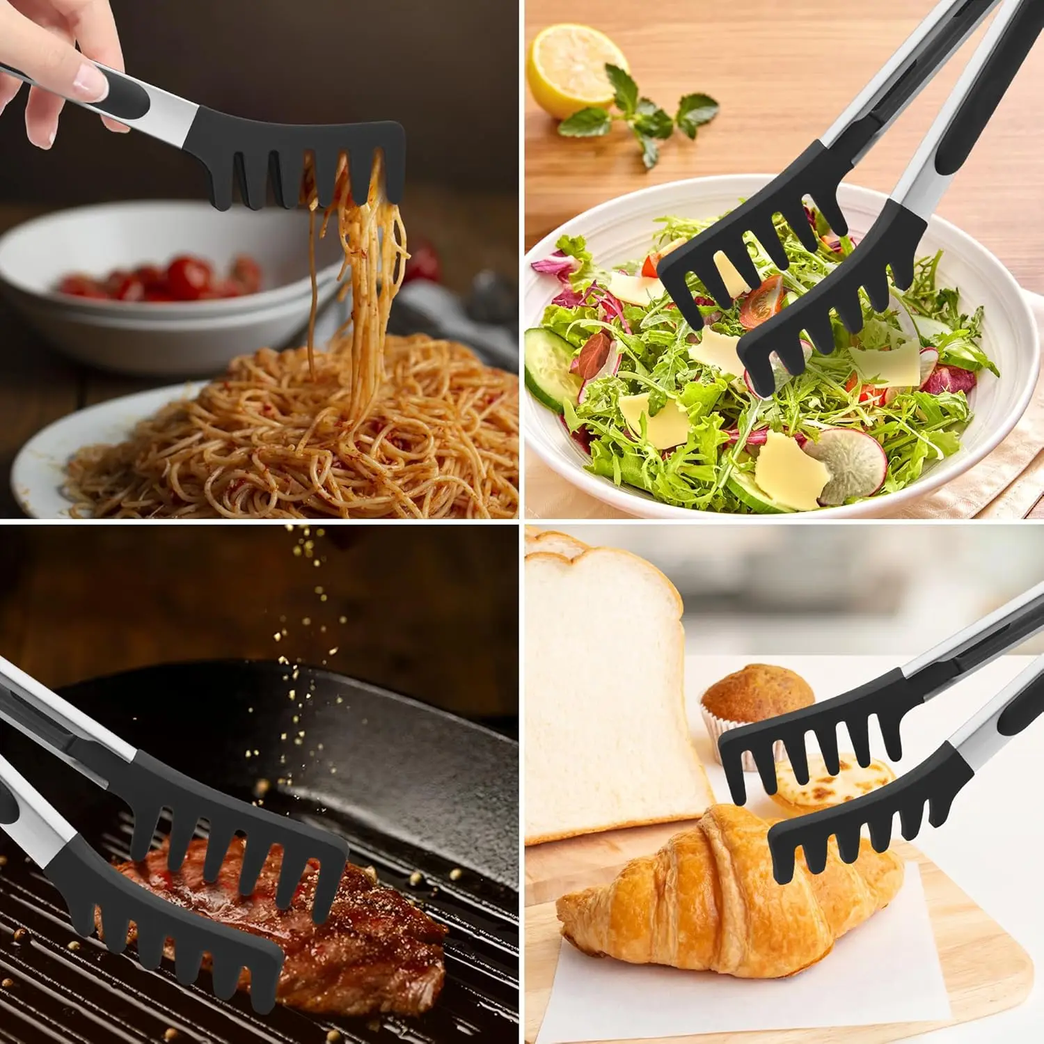 ملقط معكرونة من السيليكون المقاوم للحرارة مقاس 9 بوصة مع أسنان، خادم سباغيتي غير لاصق للطهي والسلطة والمعكرونة