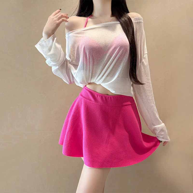 sexy kpop push-up halter stropdas bikini sets drie stukken met perspectief mesh cover kiel A-lijn minirok culottes badpak