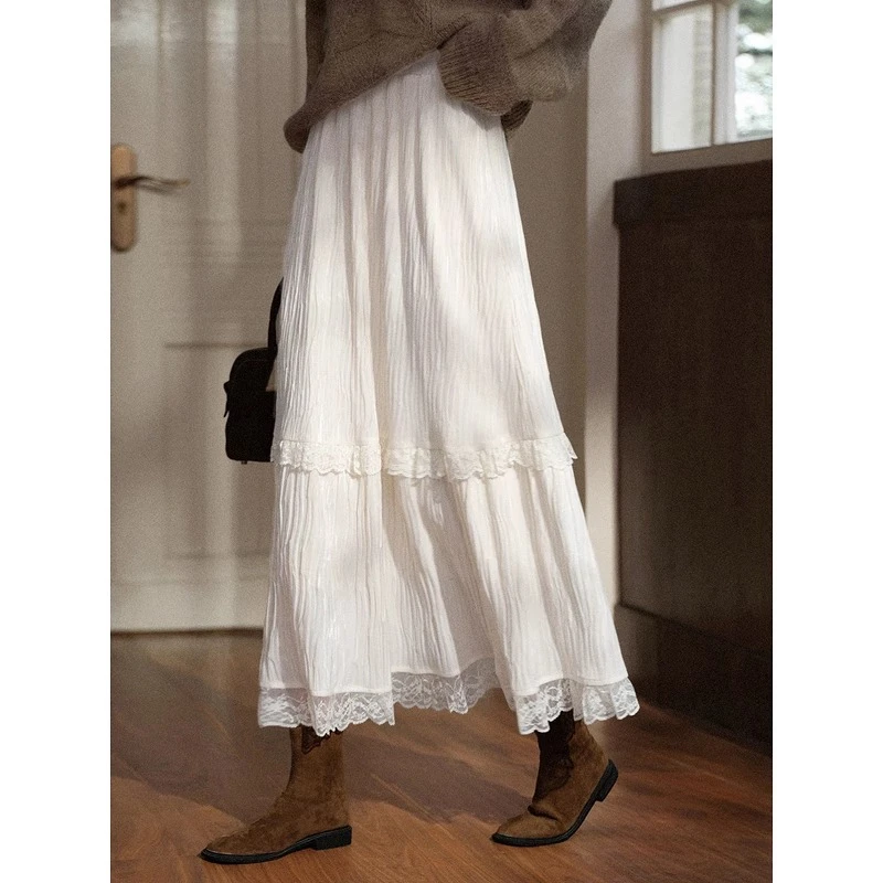 ALXNAN Lace Skirts Patchwork High-waisted Elastic Waistband Layered Long Skirt Wrinkle Loose-fit Versatile Ladies Bottoms L58552