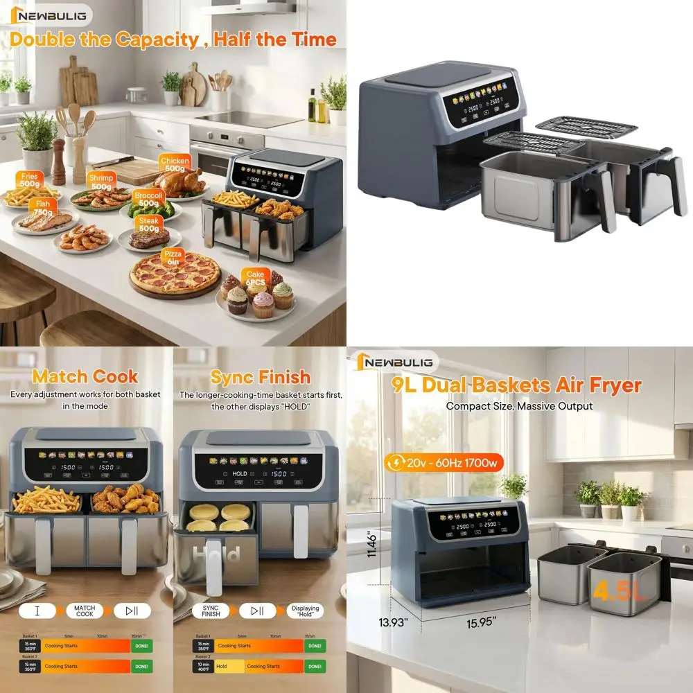 

Dual Basket Air Fryer, 9.5 QT, 10-in-1 Features, Ceramic Plate, Wide Temp Range, Roast, Bake, Dehydrate, Grey