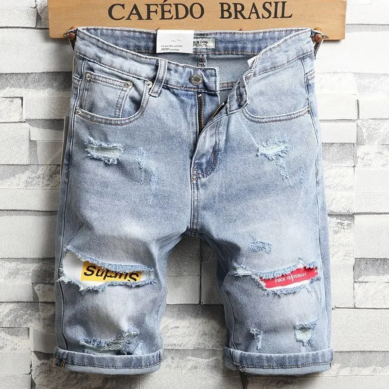 Short Jeans Pants For Men With Pockets Ripped Man Denim Shorts Rude Distressed Thin Luxury Xl Xxxl Korean Fashion Vintage