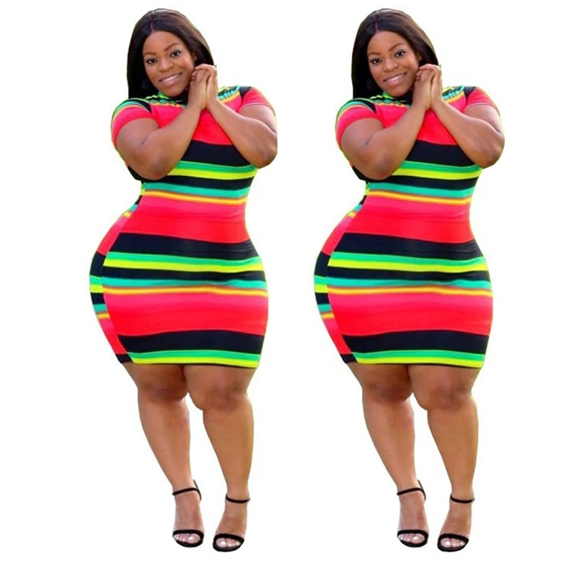 Mini robe d'été grande taille 7XL, mode femme, col rond, manches courtes, rayée, slim, sexy, extensible