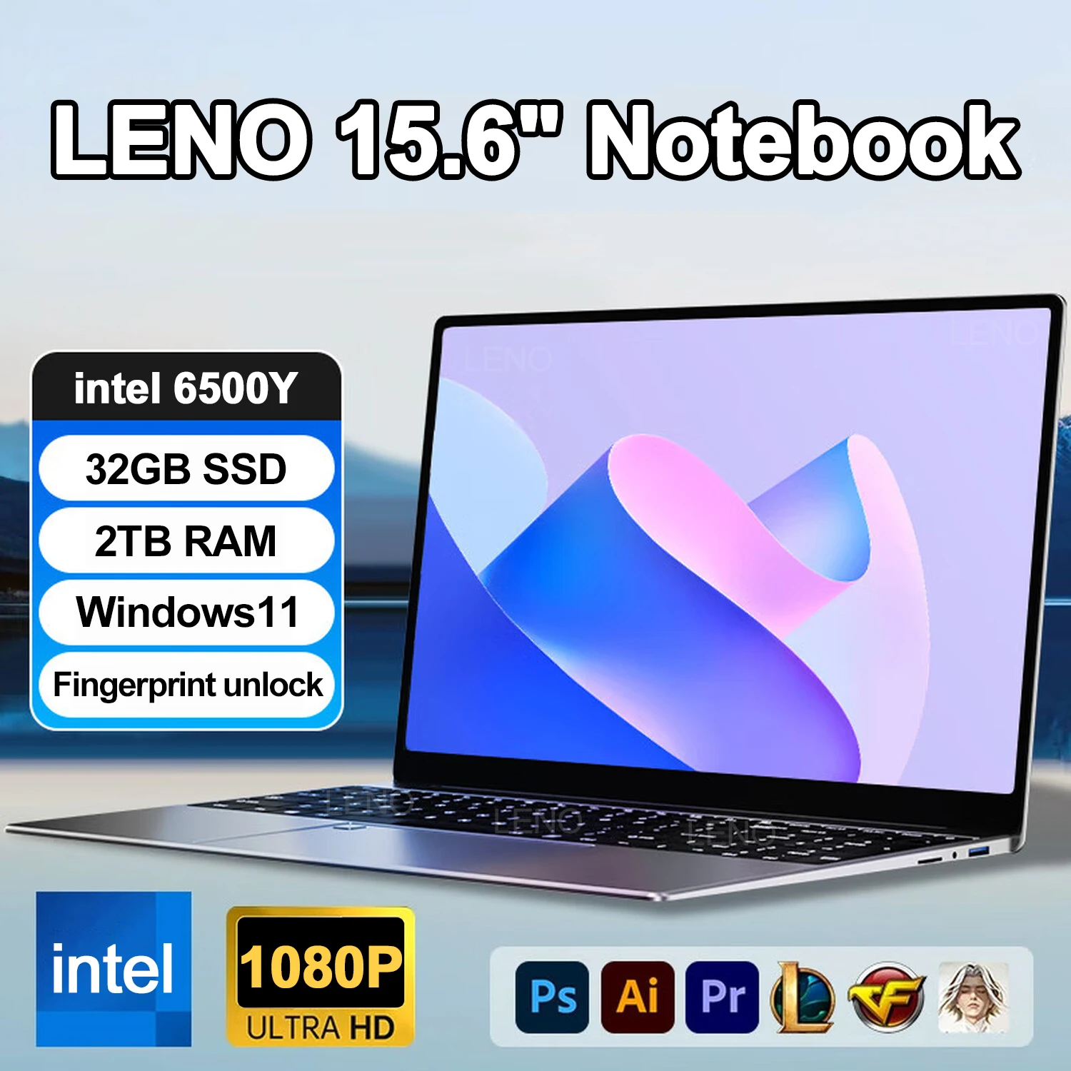 LENO NEW 15.6" Portable Laptop Intel 6500Y 32GB RAM 2TB SSD Windows11 5000mAh Office Notebook PC Gamer with Backlit Fingerprint