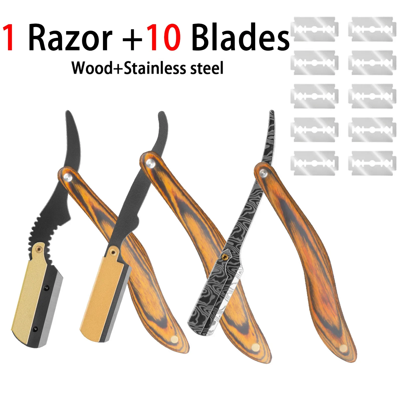 Ergonomic Wood Handle Edge Straight Razor Holder Premium Steel Blades Smooth Hair Removing Razor Men Beard Cut Grooming Razor