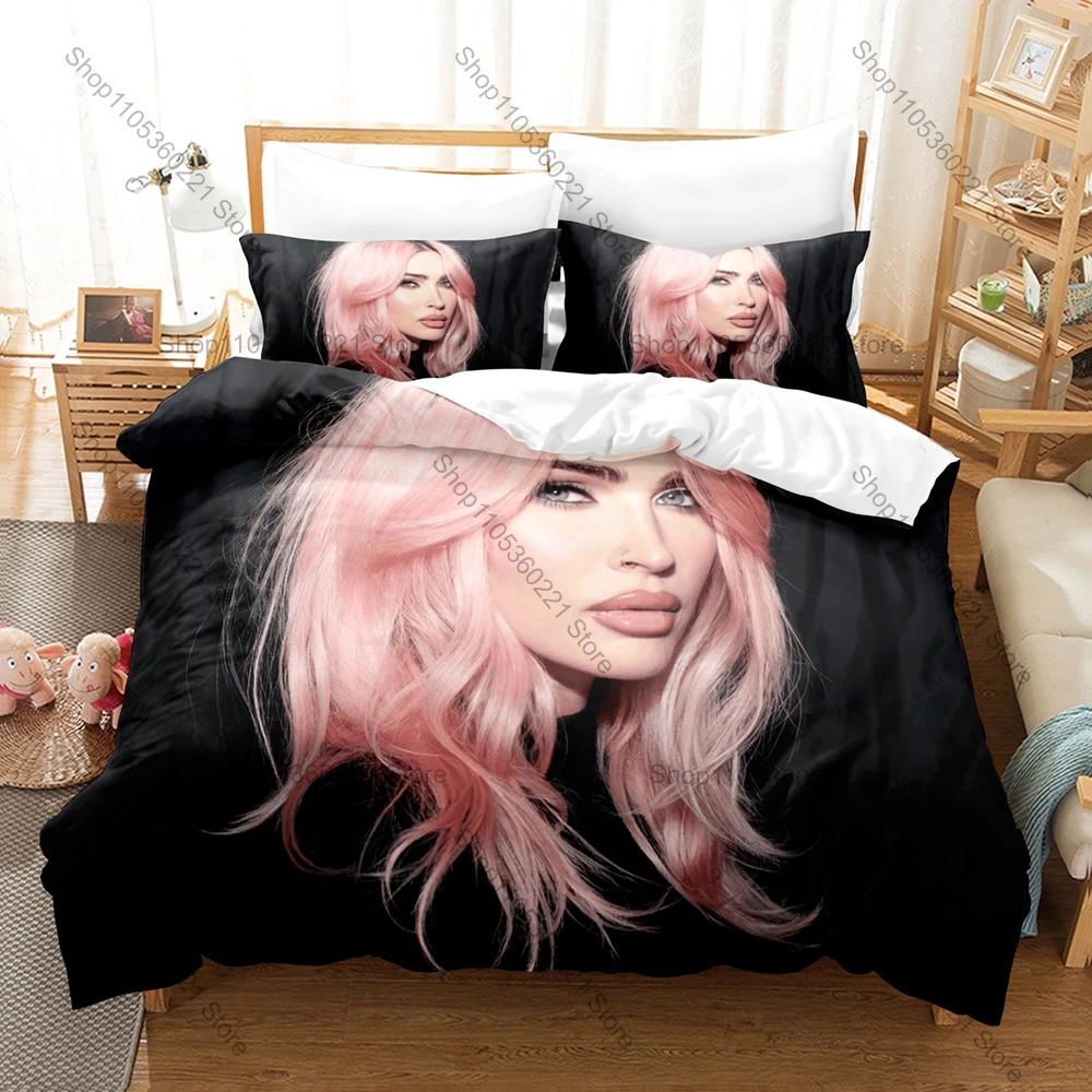Cool Megan Fox Duvet Cover + 2 Pillowcases Classic Movie Poster Collage Art Soft Quilt Cover Set Abstract Star Themed Bedroom