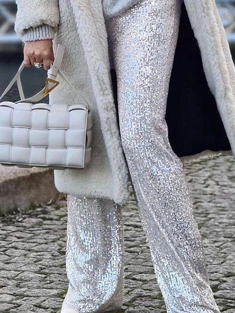 Elastic Waist Patchwork Sequined Trousers Women Loose Fit Streetwear Long Pants Chic Lady Spring Autumn Straight Pants 2026 New