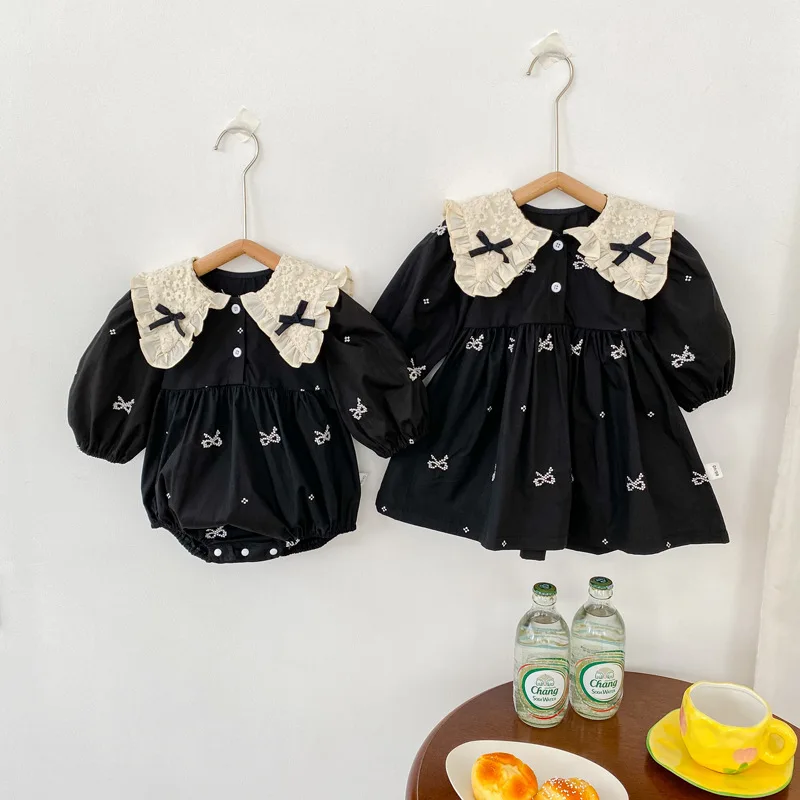 Spring Autumn Newborn Girl Infant Cotton Dress Baby Rompers Embroidered Flip Collar Bows Longsleeve Sister Dress