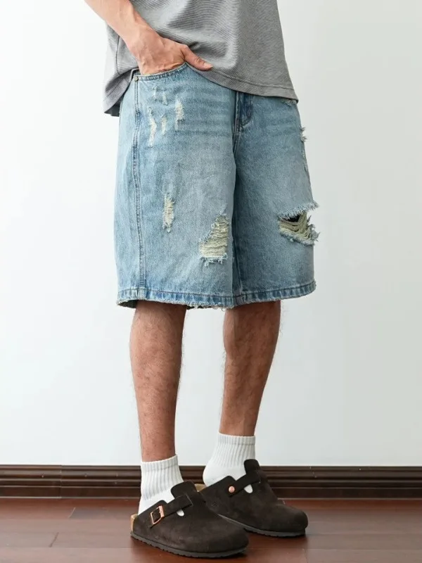 American Retro Washed Ripped Denim Shorts Men's Summer Trendy Loose Straight Casual Poor Five-Point Middle Pants