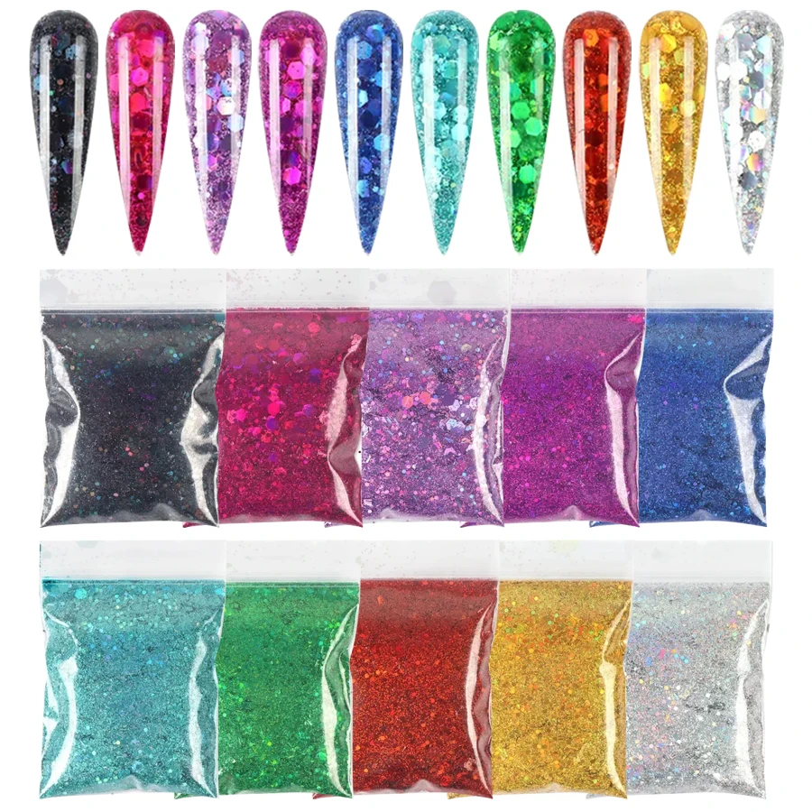 Purpurina holográfica para uñas, 10 colores, 20g, copos de arte de uñas de Color láser, polvo de lentejuelas hexagonales de tamaño mixto, decoración de uñas artísticas