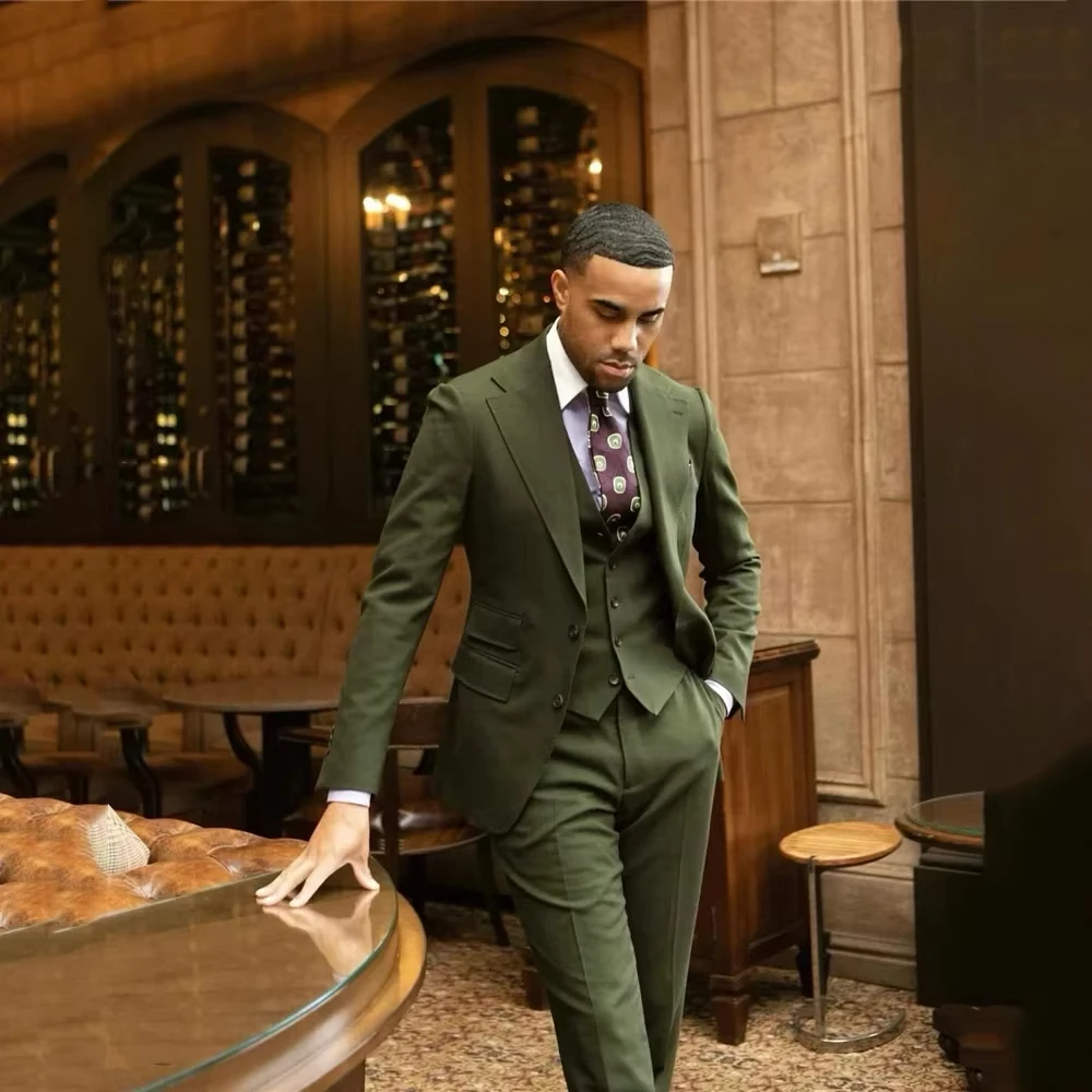 

Stylish Olive Green Men's Suit Business Suit Groom's Tuxedo three-piece Jacket Vest pants
