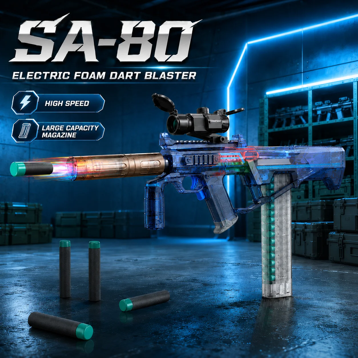 SA-80 Electric Foam Dart Blaster Toy High Speed Full Auto Soft Bullet Gun with Large Capacity Magazine RGB Barrel for Kids Gift
