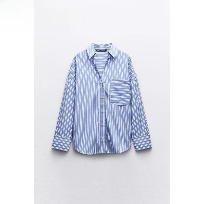 

Spring 2024 New Collar Striped irt Women's Commuter Versatile irt Loose Fit Long Sve Polyester Fiber Single Butto...