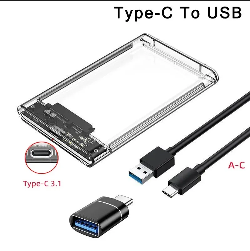 HDD透明エンクロージャー,HDDハウジング付き外部ストレージボックス,otgアダプター,USB 3.0,タイプC, 2.5インチ