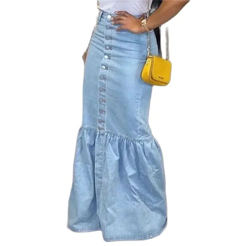 2024 Nieuwe Fishtail Denim Rok Vrouwen Mid-Kalf Zeemeermin Trompet Lange Rok Ruche Breasted Empire Sexy Hoge Taille elastische Rok
