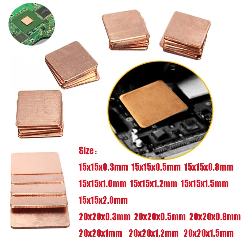 5 Pcs Koper Heatsink, Dikte Heatsink Thermische Pad Voor Laptop, Chip Koeler, 0.3/0.5/0.8/1.0/1.2/1.5/2Mm X 15x1 5/20x20mm.