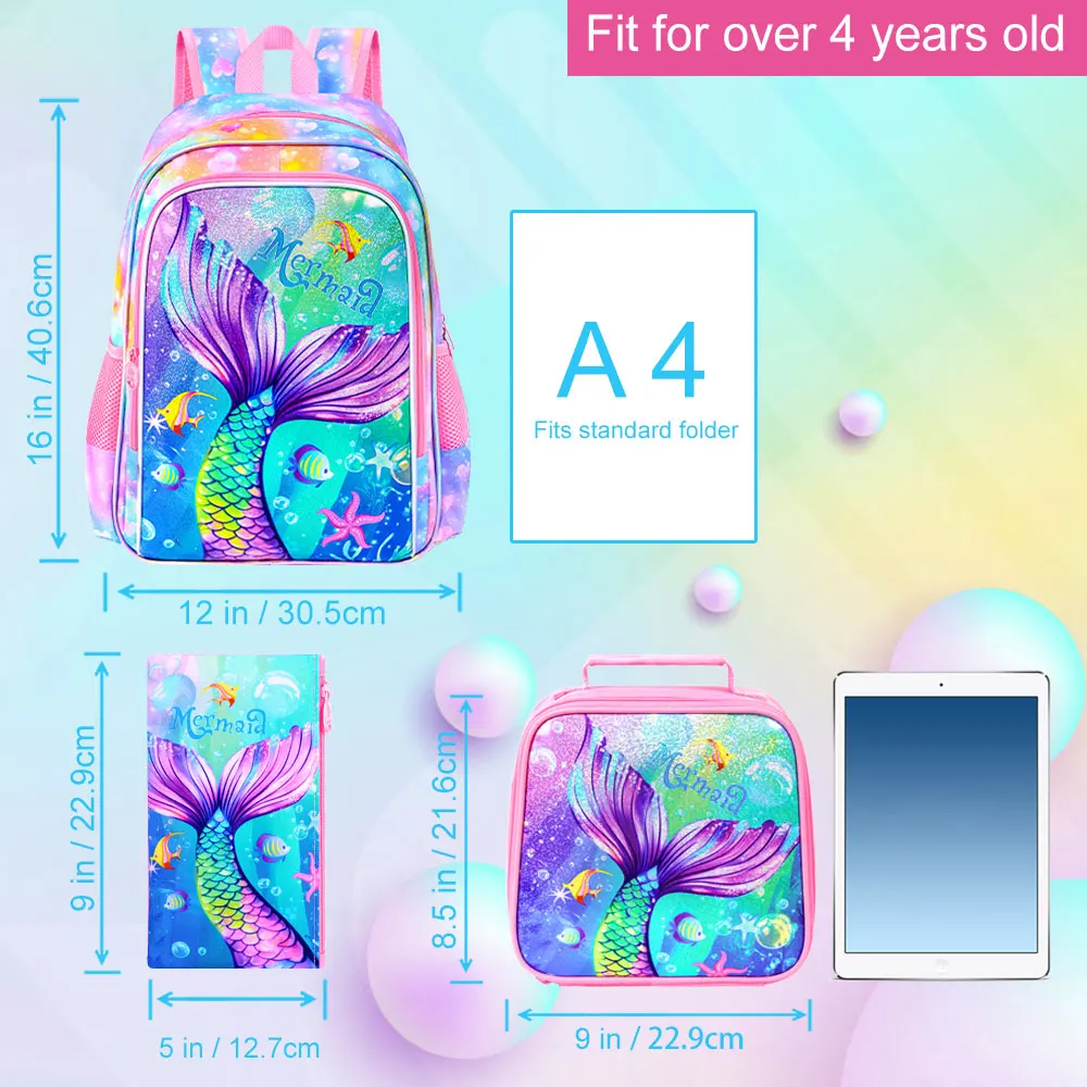Zaini da 3 pezzi per ragazzi, coda per bambini elementari da 16 pollici del pesce colorato è rosa Zaino per libri scolastici in età prescolare e portapranzo